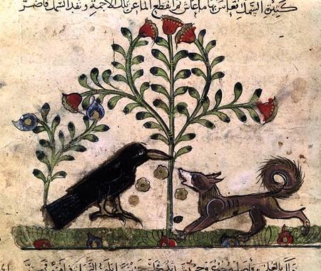 The Fox and the Crow, illustration from 'The Fables of Bidpai' a Scuola Islamica