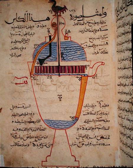 Mechanical device for pouring water, illustration from the 'Treatise of Mechanical Methods', by Al-D a Scuola Islamica