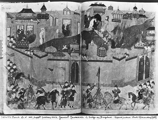 Ms Suppl Persan 1113 f.180-181 Mongols under the leadership of Hulagu Khan storming and capturing Ba a Scuola Islamica