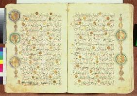 Seljuk style Koran with illuminated sunburst marks and small trees in the margin to aid counting and