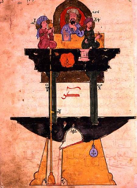 Water clock with automated figures, from 'Treaty on Mechanical Procedures' by Al-Djazari a Scuola Islamica