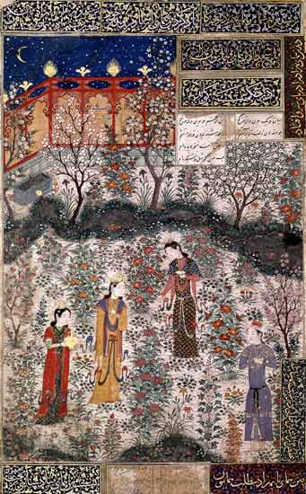 The Persian Prince Humay Meeting the Chinese Princess Humayun in a Garden a Scuola Islamica
