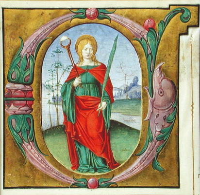 Historiated initial 'G' depicting St. Agatha (vellum) a Scuola pittorica italiana