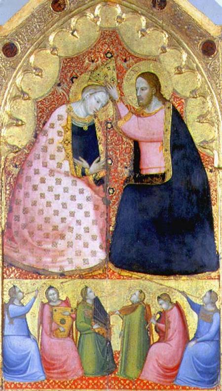Coronation of the Virgin, altarpiece with a predella panel depicting angels playing musical instrume a Scuola pittorica italiana