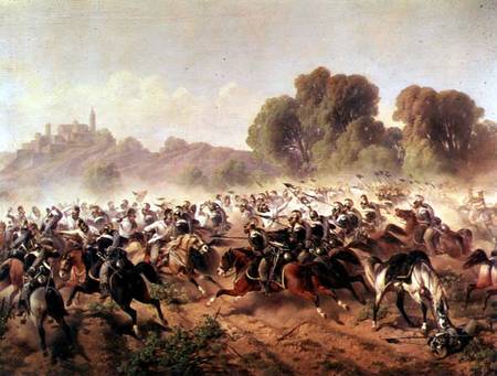 Detail of the Charge of the Battalion of Genova and Savoia Cavalry at the Volta Mountains a Scuola pittorica italiana