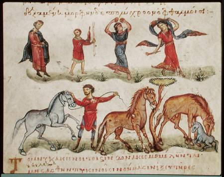 Ms Grec 479 Horse Trainers, illustration from the Halieutica or the Cynegetica by Oppian a Scuola pittorica italiana