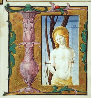 Historiated initial 'L' depicting St. Sebastian (vellum) a Scuola pittorica italiana