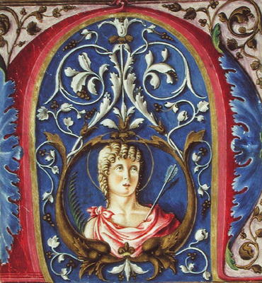 Historiated initial 'N' depicting St. Sebastian (vellum) a Scuola pittorica italiana