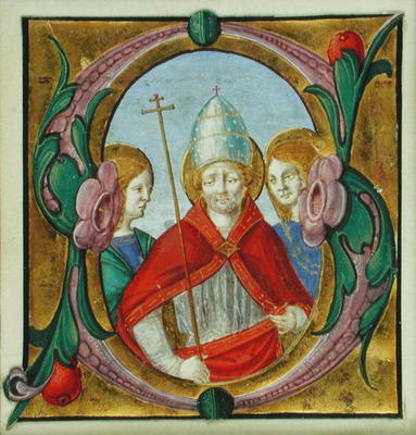Historiated initial 'S' depicting St. Gregory and two Saints (vellum) a Scuola pittorica italiana