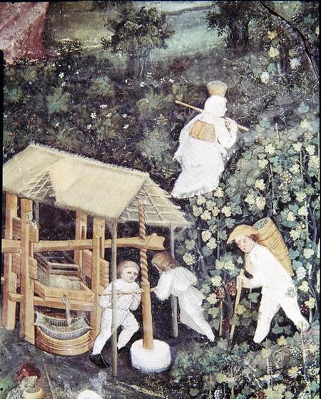 The Month of October, detail of grape-pickers pressing grapes a Scuola pittorica italiana