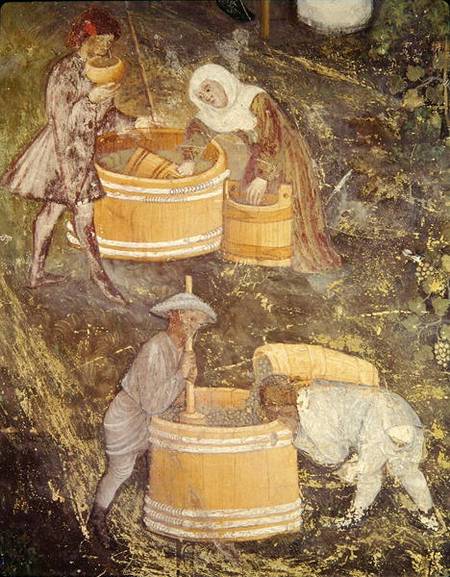 The Month of October, detail of grape-pickers and vats a Scuola pittorica italiana