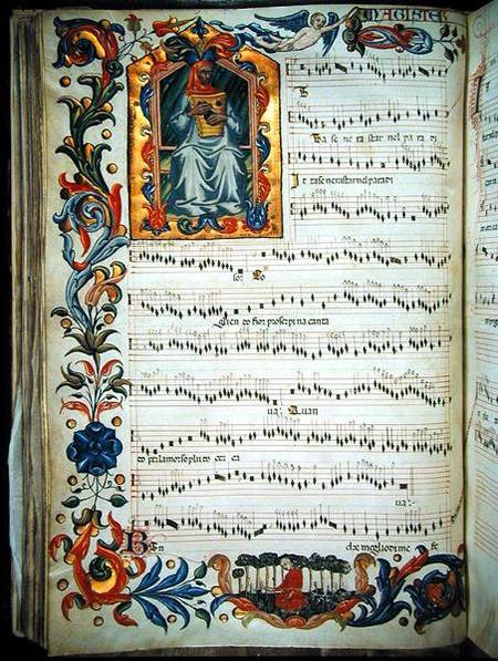 Page of musical notation with historiated initial, produced at the Florentine monastery of S. Maria a Scuola pittorica italiana