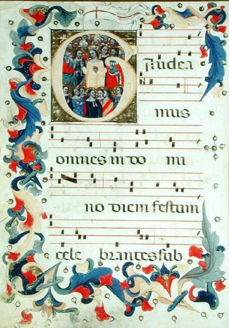 Page of musical notation with a historiated initial 'G' depicting a group of saints with St. Ursula a Scuola pittorica italiana