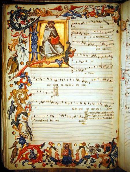 Page of musical notation with a historiated initial, produced at the Florentine monastery of S. Mari a Scuola pittorica italiana