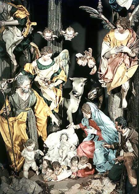 The Nativity, made in Naples, detail of the central section a Scuola pittorica italiana