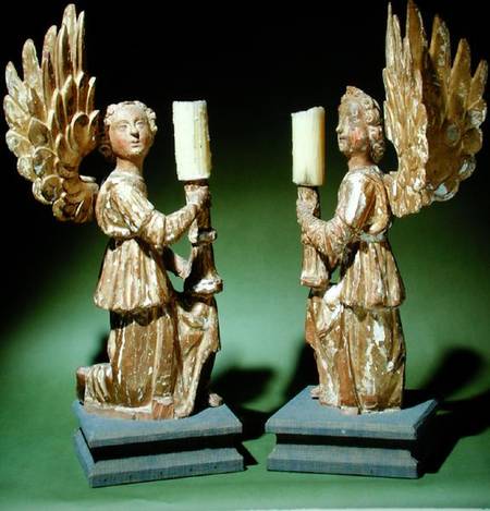 Pair of carved candlesticks (polychrome oak) a Scuola pittorica italiana