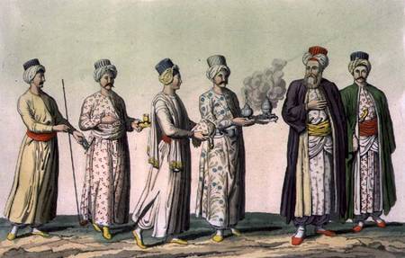 Servants carrying a pipe, a vase of sweets, coffee, a brazier and a jug of rosewater, plate 57 from a Scuola pittorica italiana