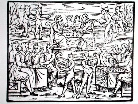The Sorcerer's Feast, copy of an illustration from 'Compendium Maleticarum' by Fr M Guaccius, Milan a Scuola pittorica italiana
