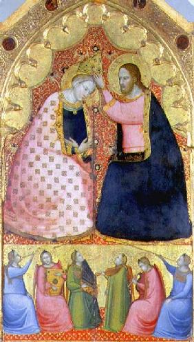 Coronation of the Virgin, altarpiece with a predella panel depicting angels playing musical instrume