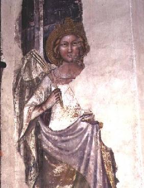 Crowned figure holding a palm frond, possibly a angel