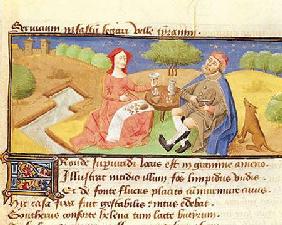 Fol.122r Meal in the Countryside, illustration from 'Controversia de Nobilitate' by Buonaccorso da M