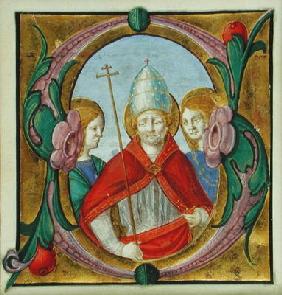 Historiated initial 'S' depicting St. Gregory and two Saints (vellum)