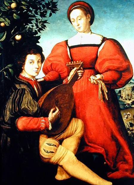 Venetian Lady and Lute Player a Scuola pittorica italiana