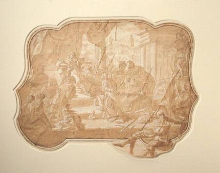 A Venetian scene of a bound princess brought before a ruler (ink, brown wash & pencil on a Scuola pittorica italiana