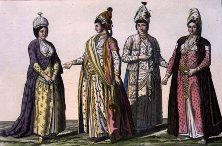 Three women in (LtoR) winter, spring and summer fashions and one in fashion for pregnancy, plate 59 a Scuola pittorica italiana