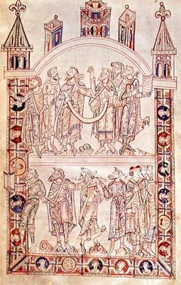 Ms. Plut.12.17 f.4r Disciples of St. Augustine, from 'De Civitate Dei, (11th-12th century) (vellum)