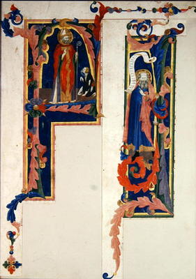 Historiated initial 'F' depicting a bishop saint blessing a young cripple and 'I' depicting a prophe a Italian School, (14th century)