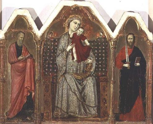 Madonna and Child Enthroned, with SS. John the Evangelist and Paul, Riminese School (triptych panel) a Italian School, (14th century)