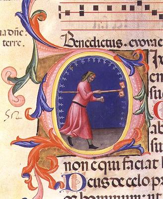 Ms 559 f.113v Historiated initial 'O' depicting St. Joseph holding a rod with two flags decorated wi a Italian School, (14th century)
