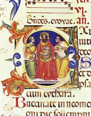 Ms. 559 f.155v Historiated initial 'O' depicting King David and two angels, from the Psalter of Sant a Italian School, (14th century)