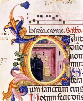 Ms 559 f.176f Historiated initial 'C' depicting monks looking at a text, from the Psalter of Santa M a Italian School, (14th century)