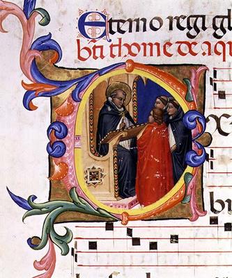 Ms 559 f.285v Historiated initial 'O' depicting a monk at a lectern conversing with other monks, fro a Italian School, (14th century)