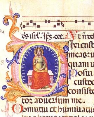 Ms 559 f.38v Historiated initial 'O' depicting St. Matthew, from the Psalter of Santa Maria Novella, a Italian School, (14th century)