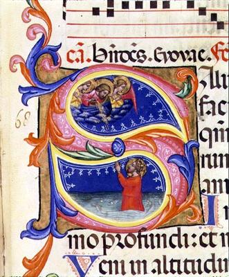 P 68 V Historiated initial 'S' depicting a male saint in water praying to angels above, Italian, 14t a Italian School, (14th century)
