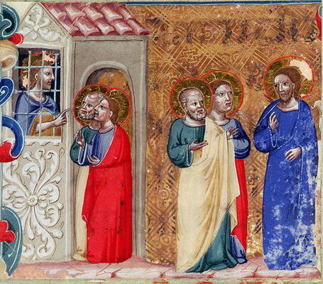 St. John imprisoned and sending two disciples to Christ (vellum) a Italian School, (14th century)