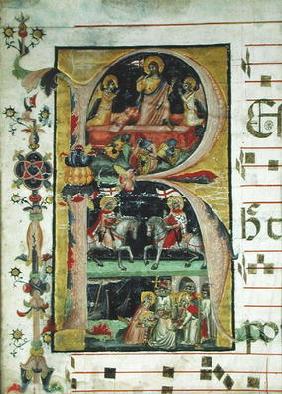 Historiated initial 'R' depicting the resurrection, two knight saints and a bishop saint receiving r