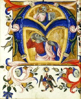 Initial 'A' depicting Jesus Christ and a saint, early 14th (vellum)