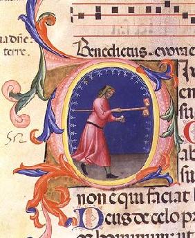 Ms 559 f.113v Historiated initial 'O' depicting St. Joseph holding a rod with two flags decorated wi