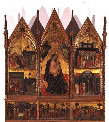Triptych: Madonna and Child Enthroned flanked by scenes from the life of St. Bartholomew with a pred a Italian School, (14th century)