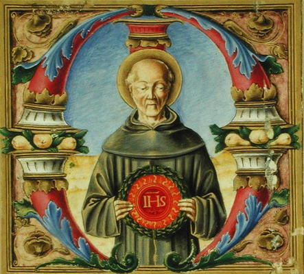 Historiated initial 'M' depicting St. Bernardino of Siena (vellum) a Italian School, (15th century)