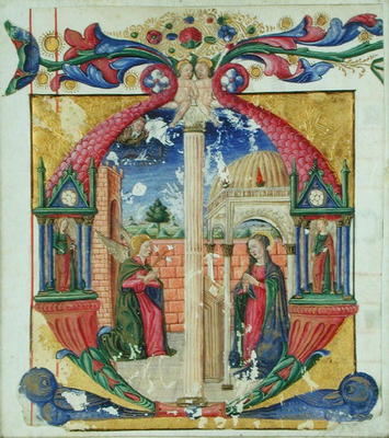 Historiated initial 'M' depicting the Annunciation, c.1475 (vellum) a Italian School, (15th century)