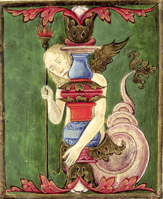 Historiated initial 'I' depicting a Winged Mermaid (vellum) a Italian School, (15th century)