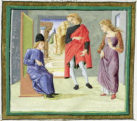 Man and woman before their judge, from 'Decretum Gratiani' (vellum) a Italian School, (15th century)