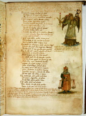 Ms Ital 483 P.4.7 f.157r Virgo and Libra, from the 'Dittamondo' by Fazio degli Uberti (vellum) a Italian School, (15th century)