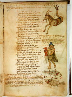 Ms Ital 483 P.4.7 f.158r Capricorn, Aquarius and Pisces, from the 'Dittamondo' by Fazio degli Uberti a Italian School, (15th century)
