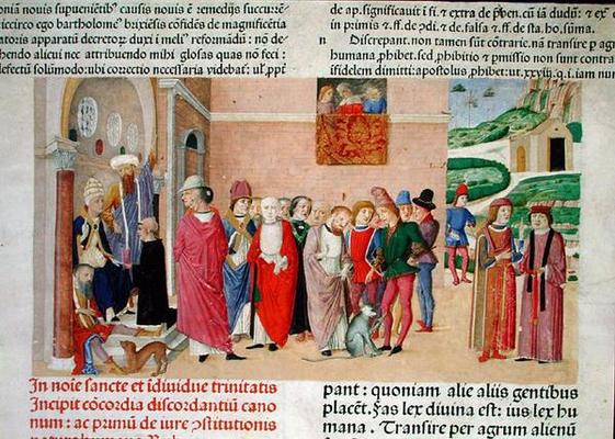 Presentation of the work to the Pope, from 'Decretum Gratiani' (vellum) a Italian School, (15th century)